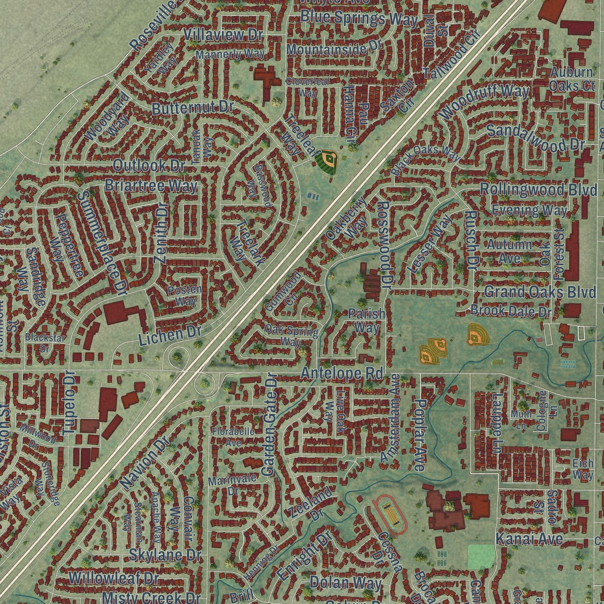 Close-up of the map of Citrus Heights, California print showing street and building detail