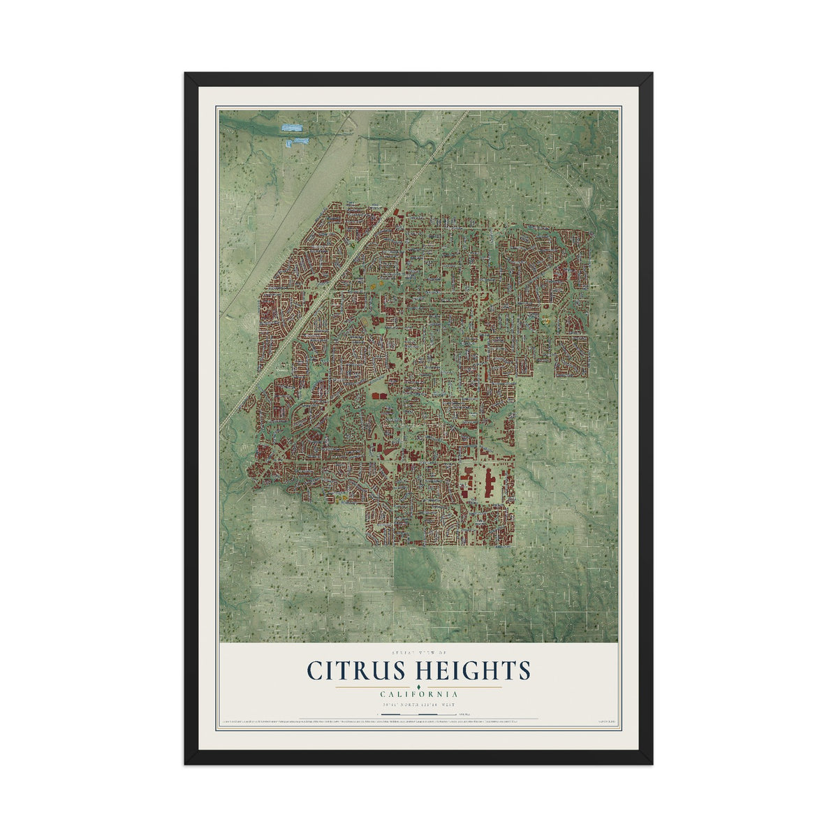 Map of Citrus Heights, California, 12 x 18 inch print in a black wood frame