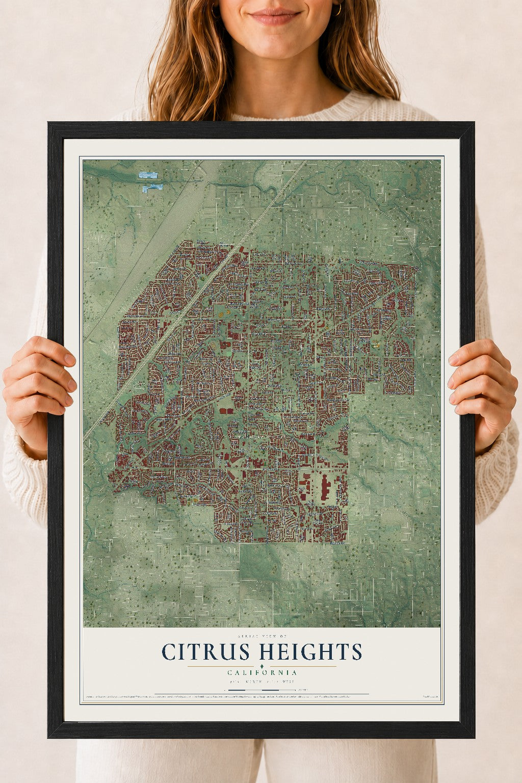 Map of Citrus Heights, California, 18 x 24 inch print in a black wood frame