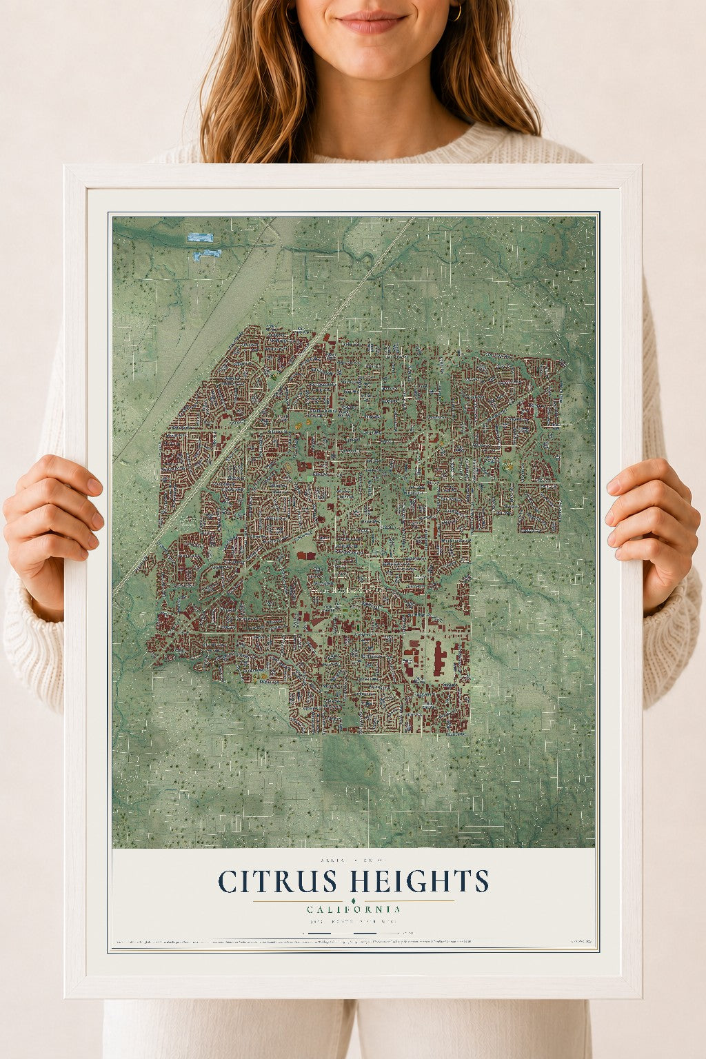 Map of Citrus Heights, California, 18 x 24 inch print in a white wood frame