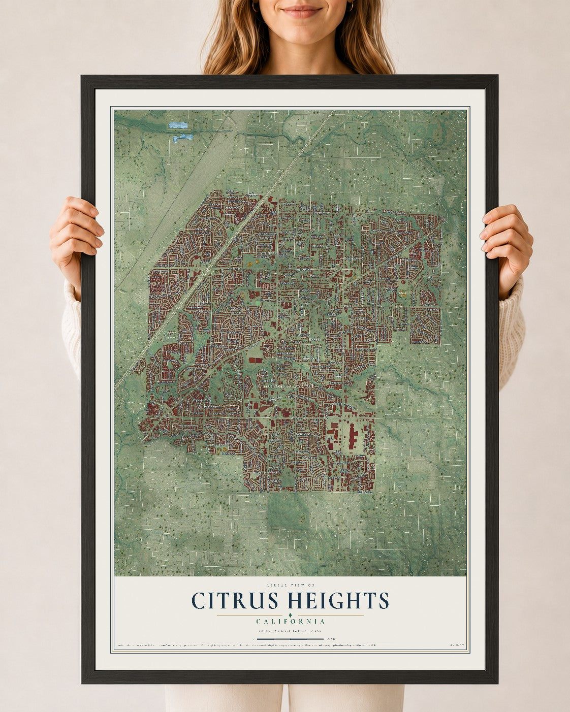 Map of Citrus Heights, California, 24 x 36 inch print in a black wood frame