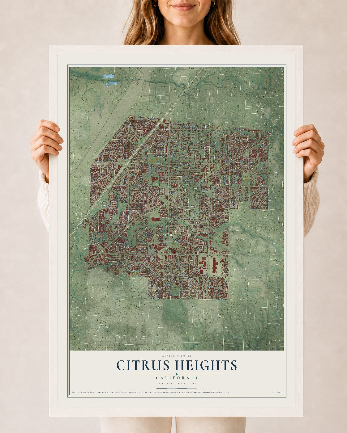 Map of Citrus Heights, California, 24 x 36 inch print in a white wood frame