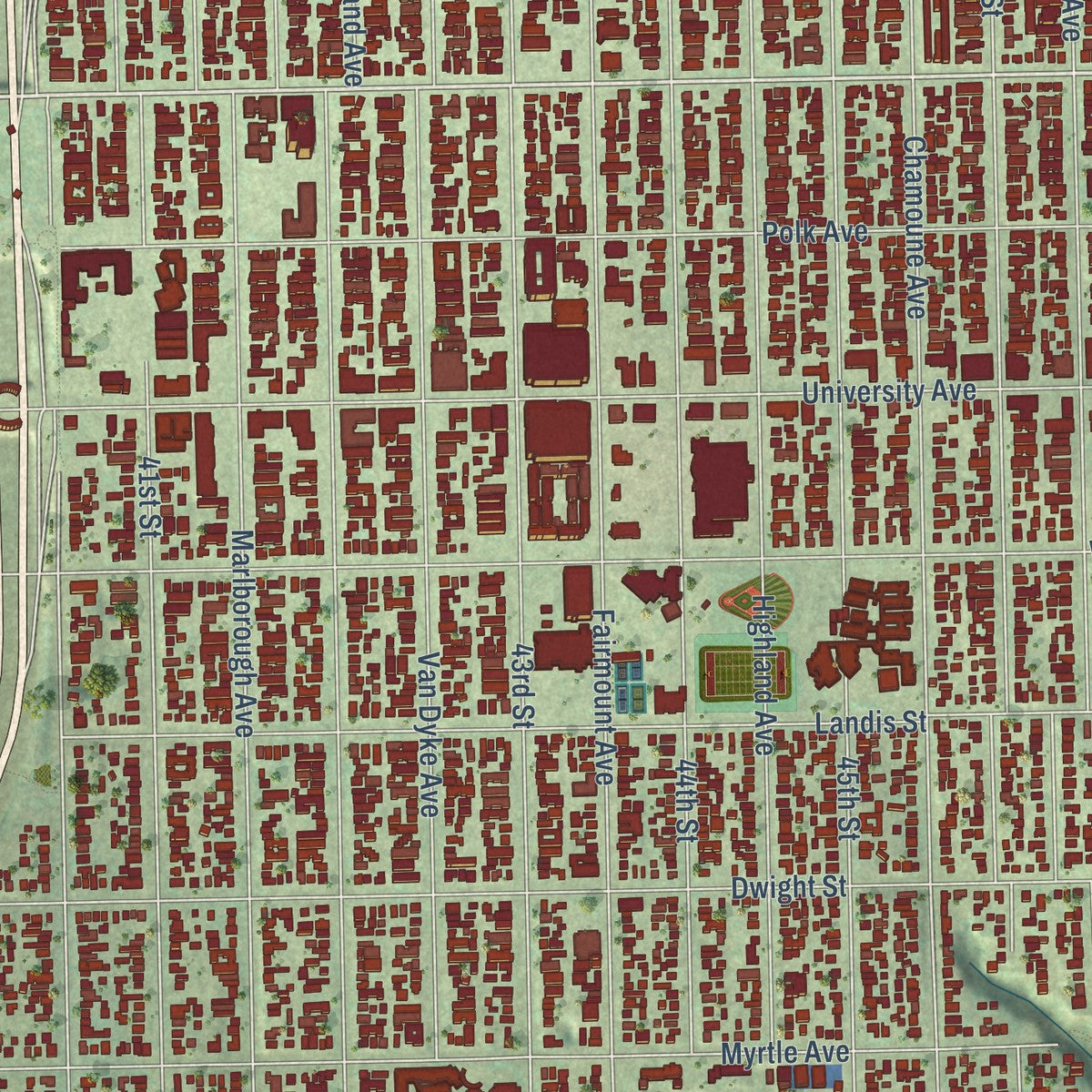 Close-up of the map of City Heights, California print showing street and building detail
