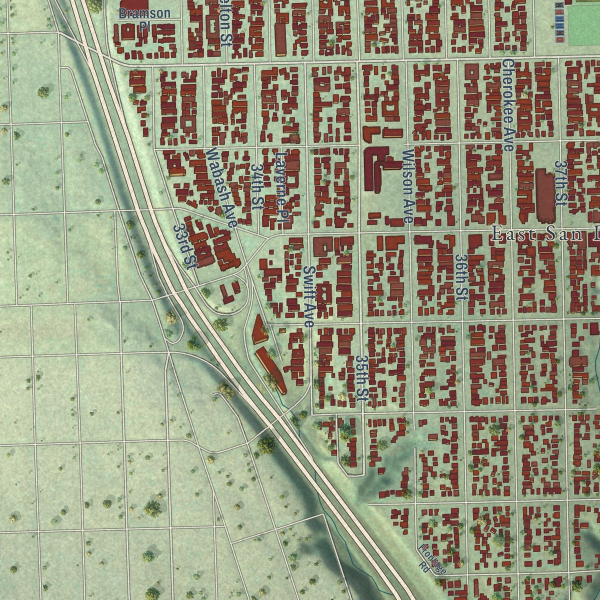 Second close-up of the map of City Heights, California print showing more streets and buildings
