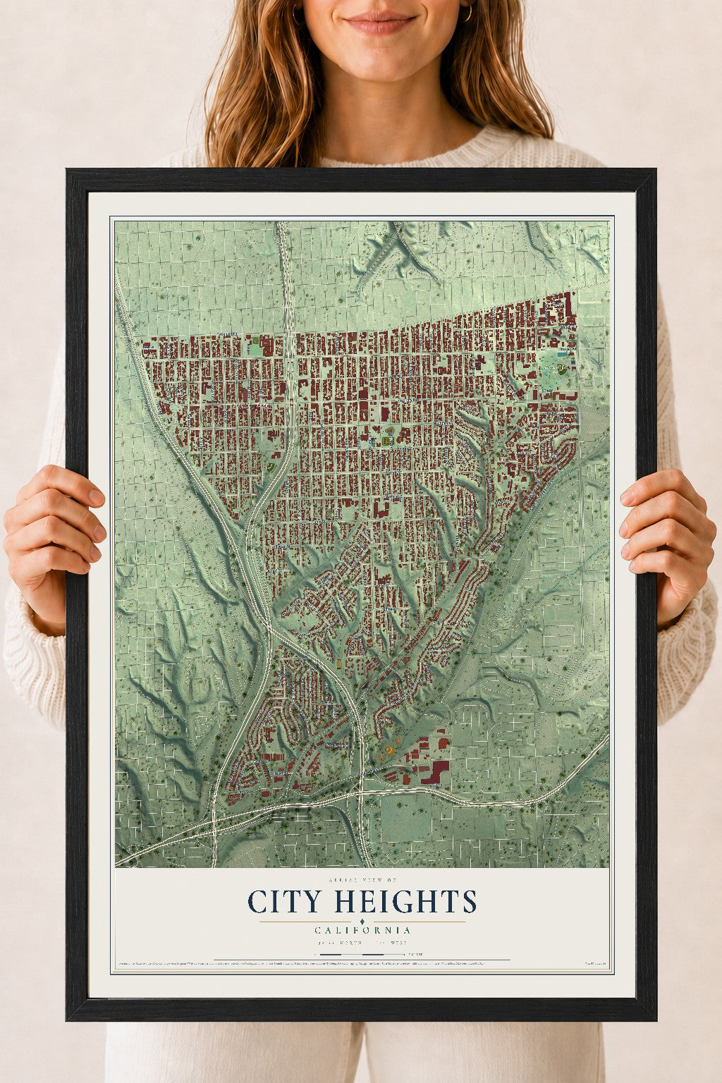 Map of City Heights, California, 18 x 24 inch print in a black wood frame