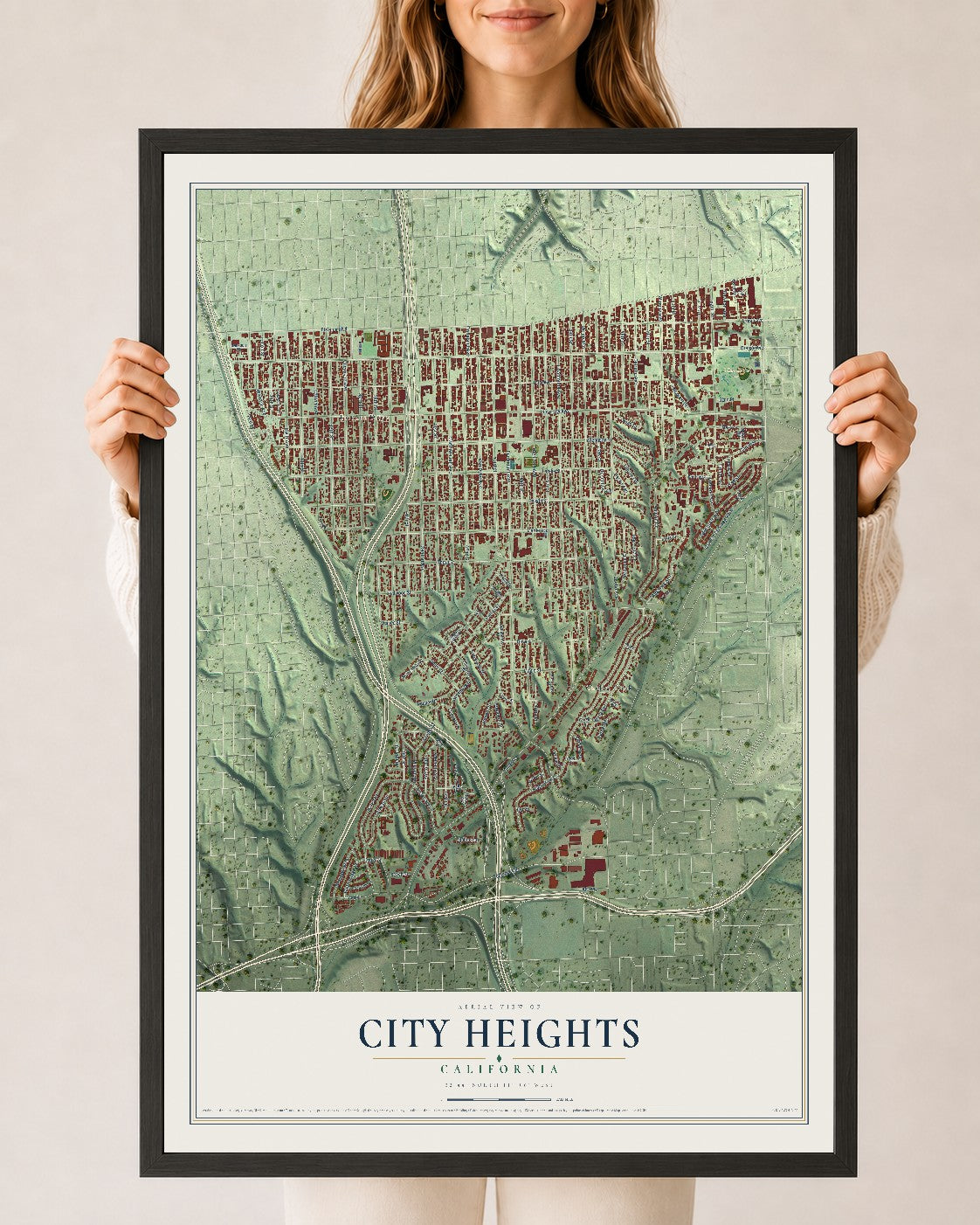 Map of City Heights, California, 24 x 36 inch print in a black wood frame