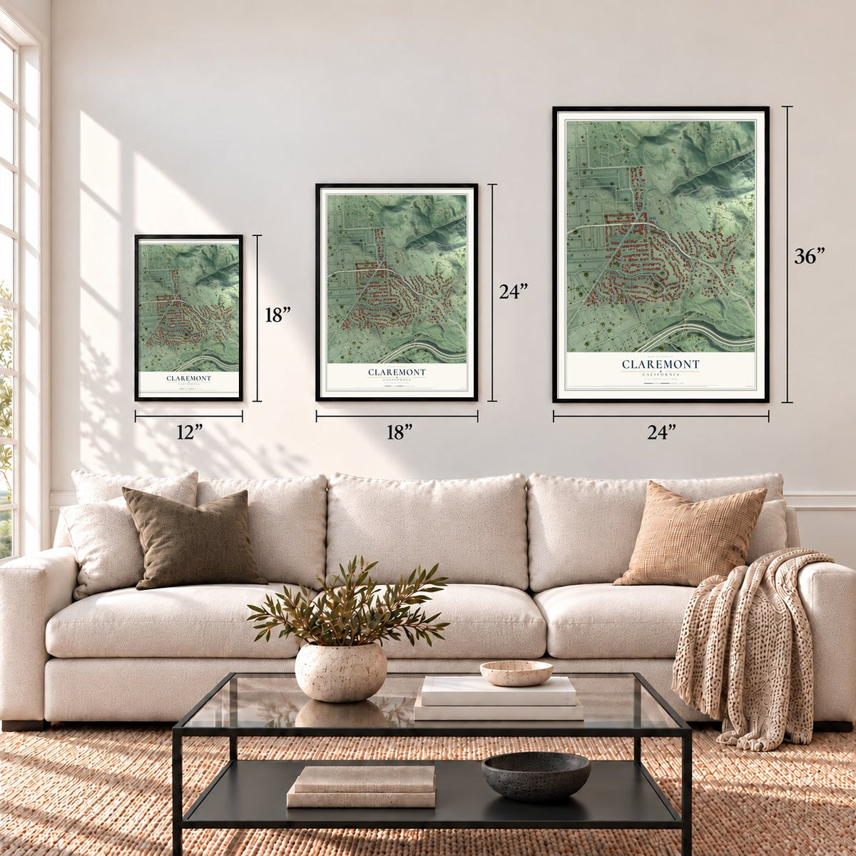 Claremont, Berkeley, California map in 12 x 18, 18 x 24 and 24 x 36 inch sizes above a sofa