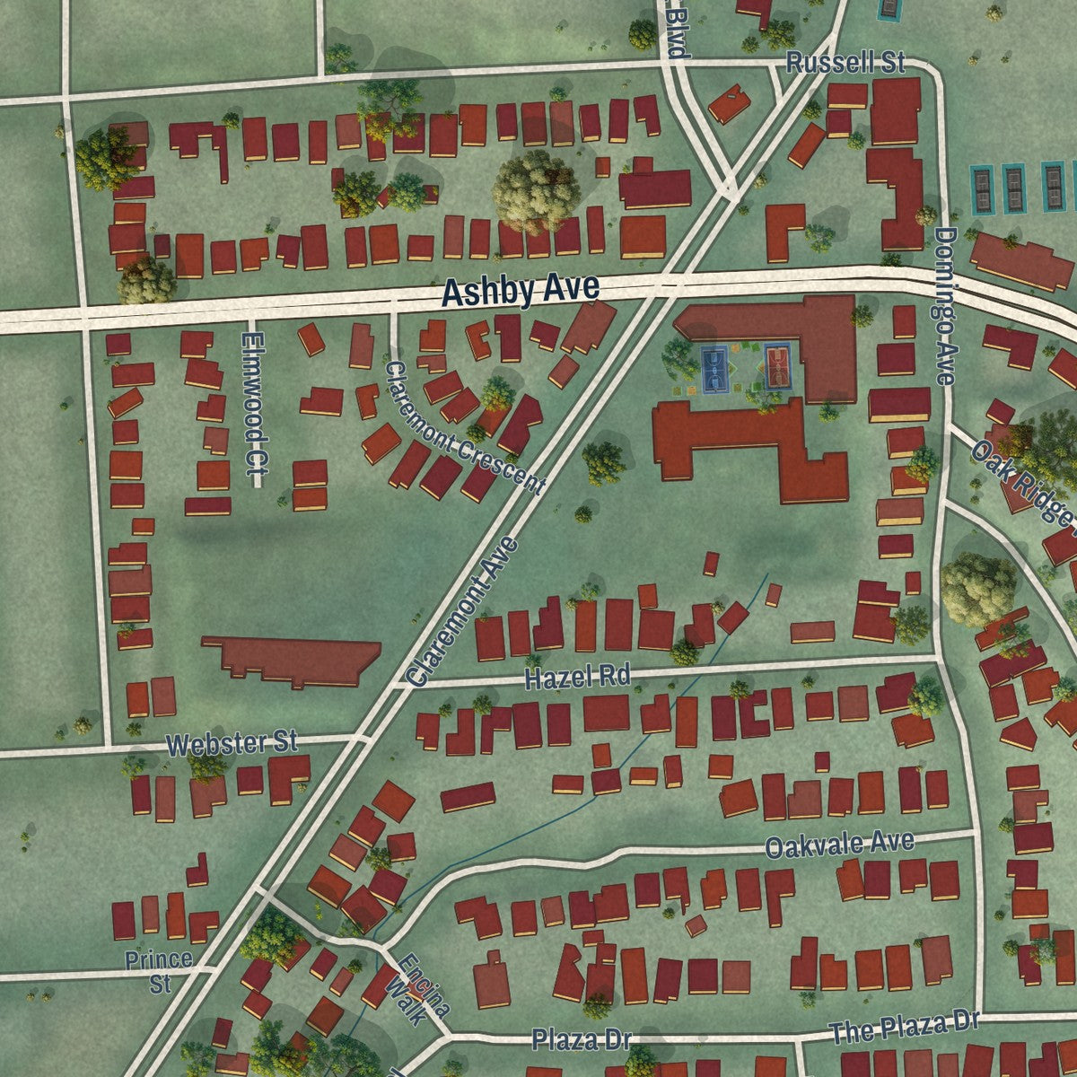 Close-up of the map of Claremont, Berkeley, California print showing street and building detail
