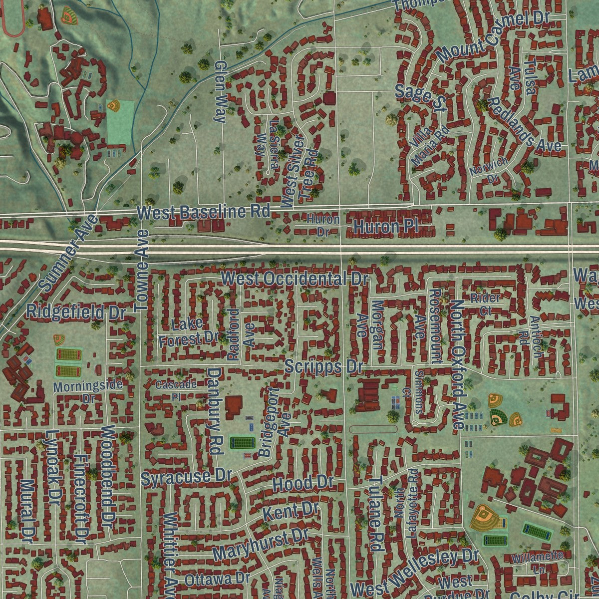 Close-up of the map of Claremont, California print showing street and building detail