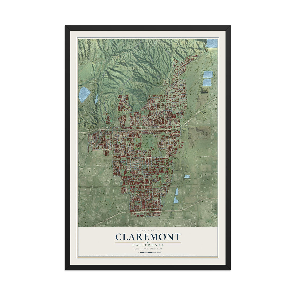 Map of Claremont, California, 12 x 18 inch print in a black wood frame