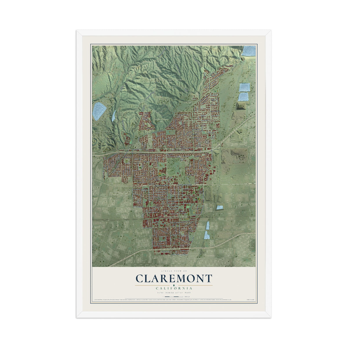 Map of Claremont, California, 12 x 18 inch print in a white wood frame