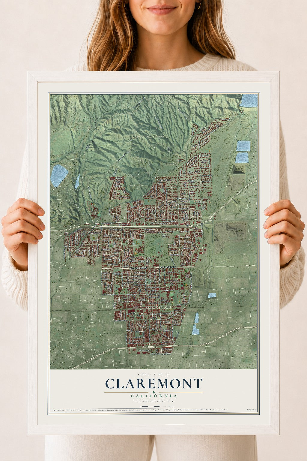 Map of Claremont, California, 18 x 24 inch print in a white wood frame
