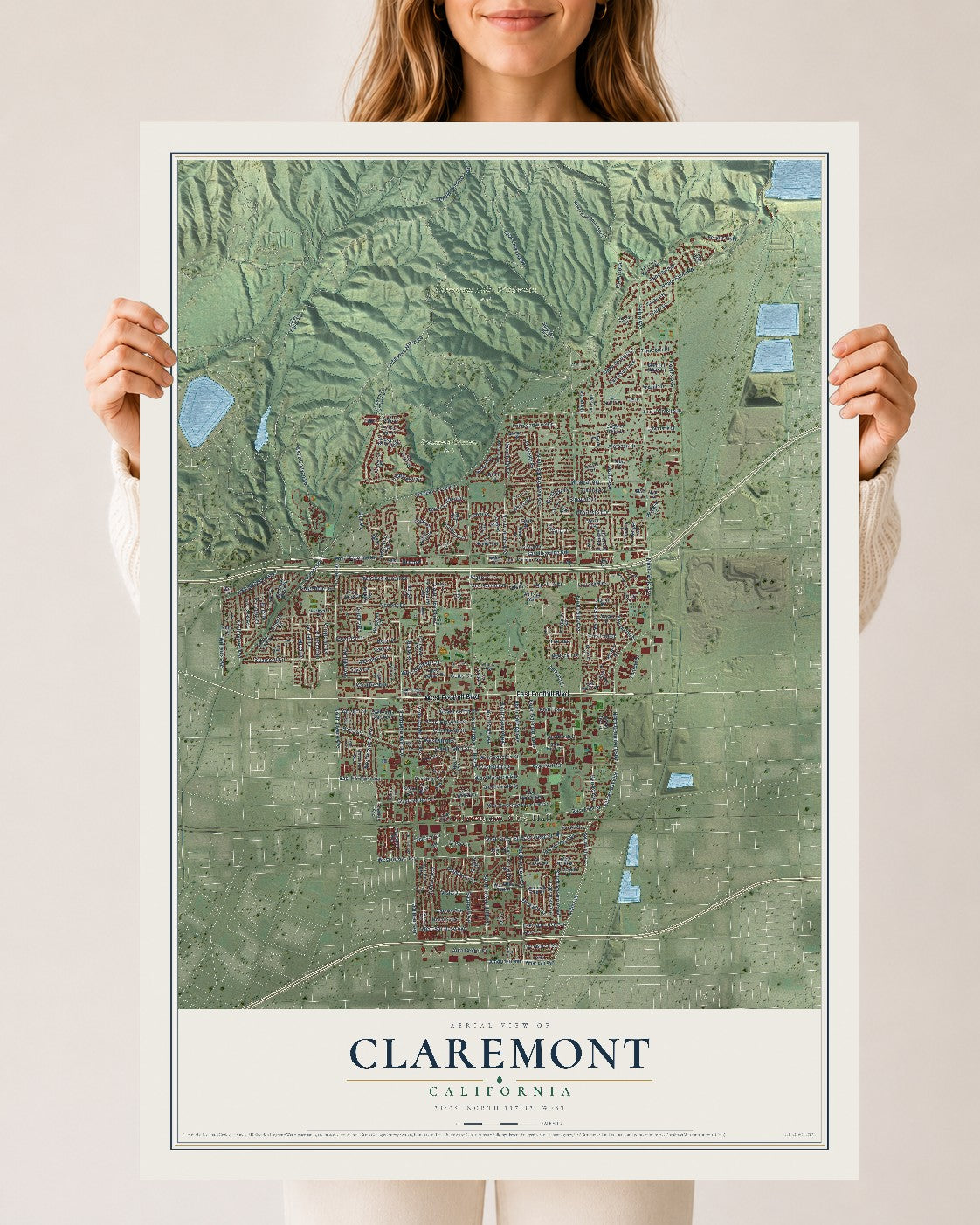 Map of Claremont, California, 24 x 36 inch unframed archival matte print