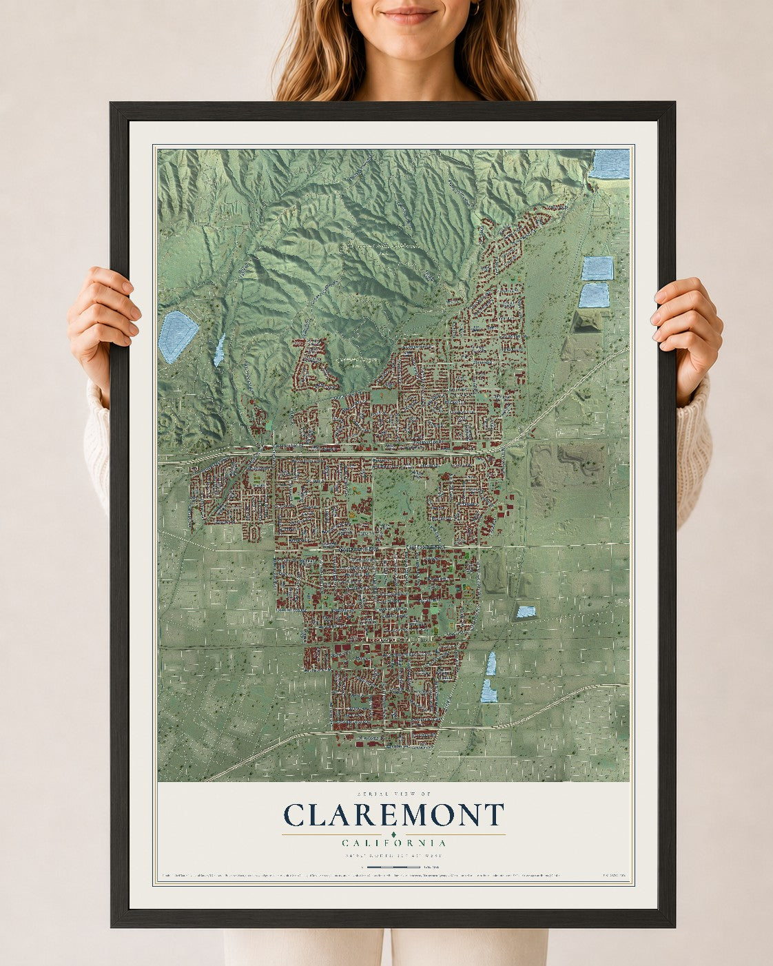 Map of Claremont, California, 24 x 36 inch print in a black wood frame