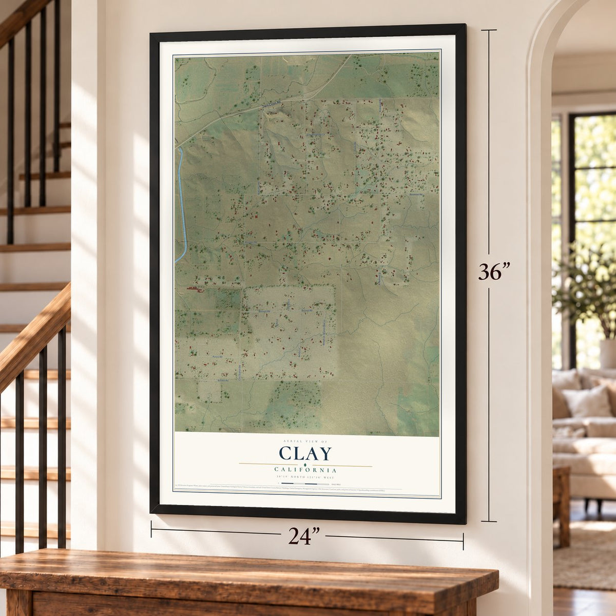 Clay, California map, 24 x 36 inch print in a black frame by a staircase