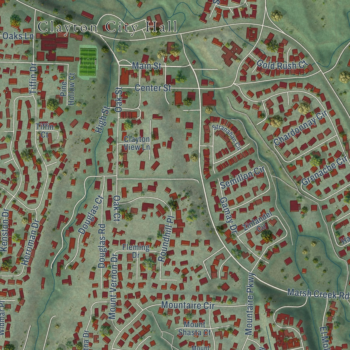 Close-up of the map of Clayton, California print showing street and building detail