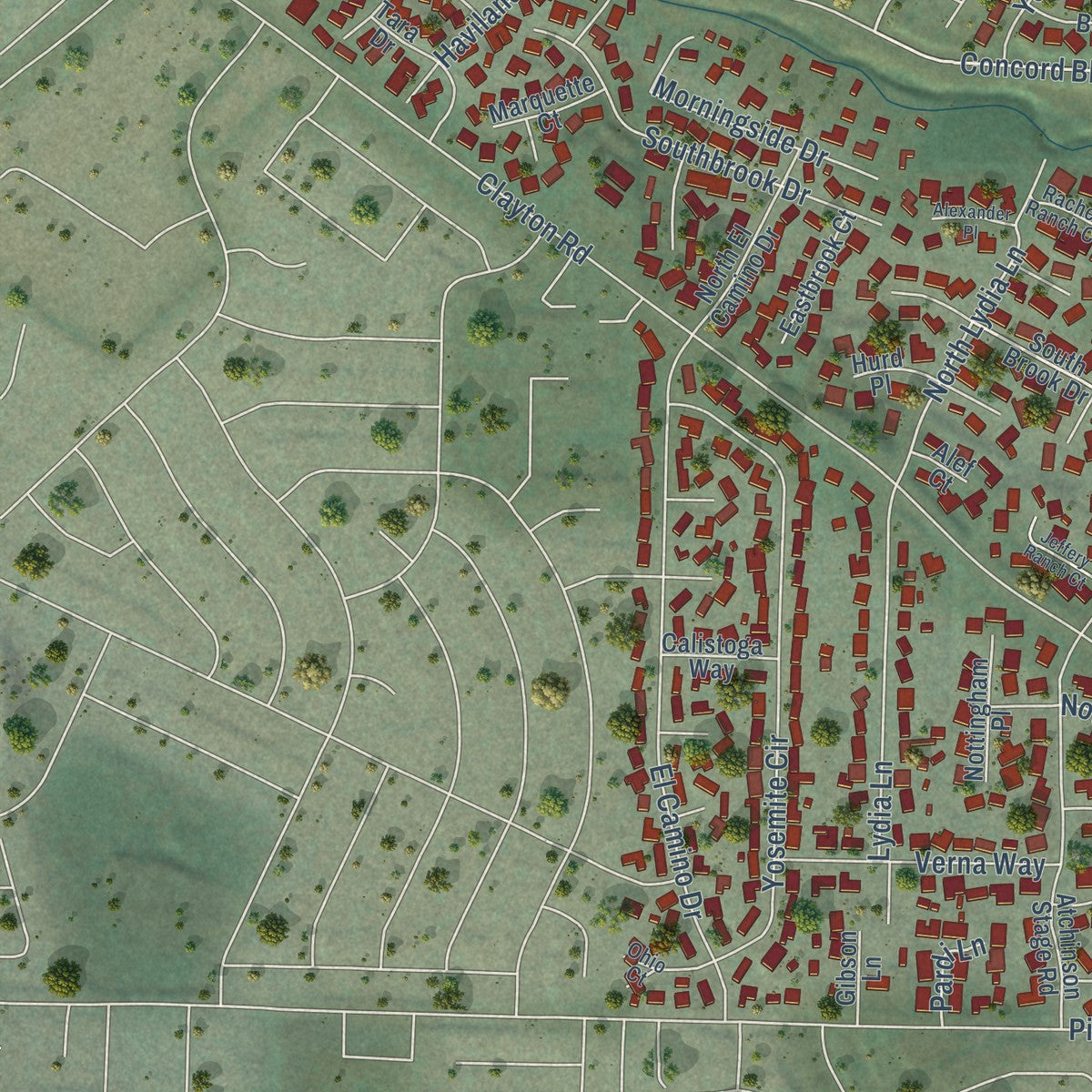 Second close-up of the map of Clayton, California print showing more streets and buildings