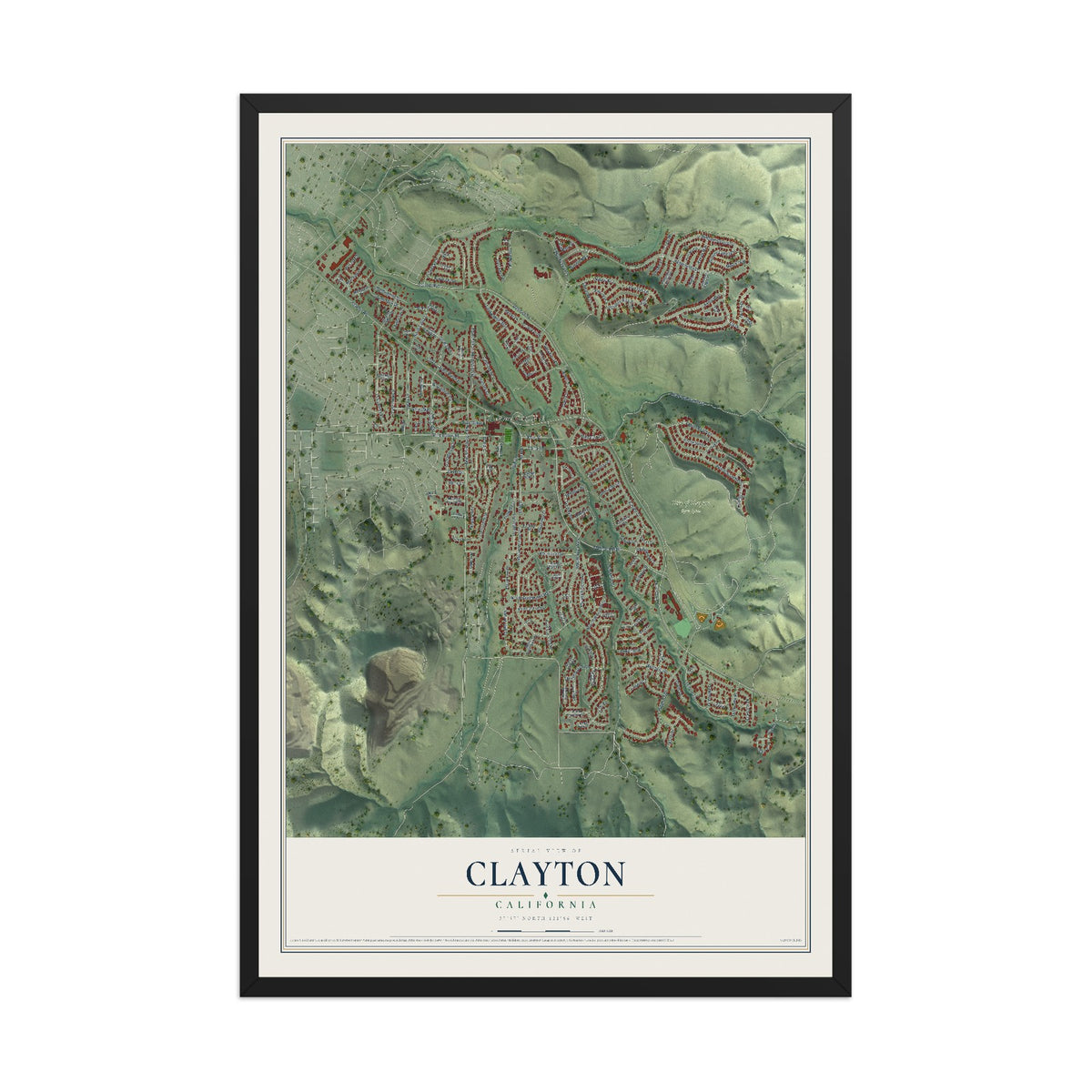 Map of Clayton, California, 12 x 18 inch print in a black wood frame
