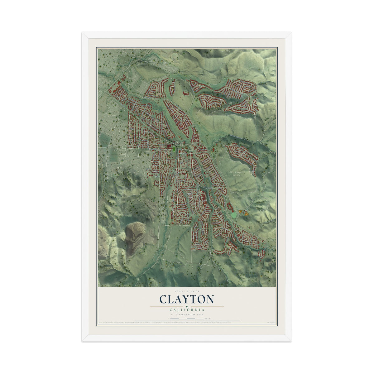 Map of Clayton, California, 12 x 18 inch print in a white wood frame