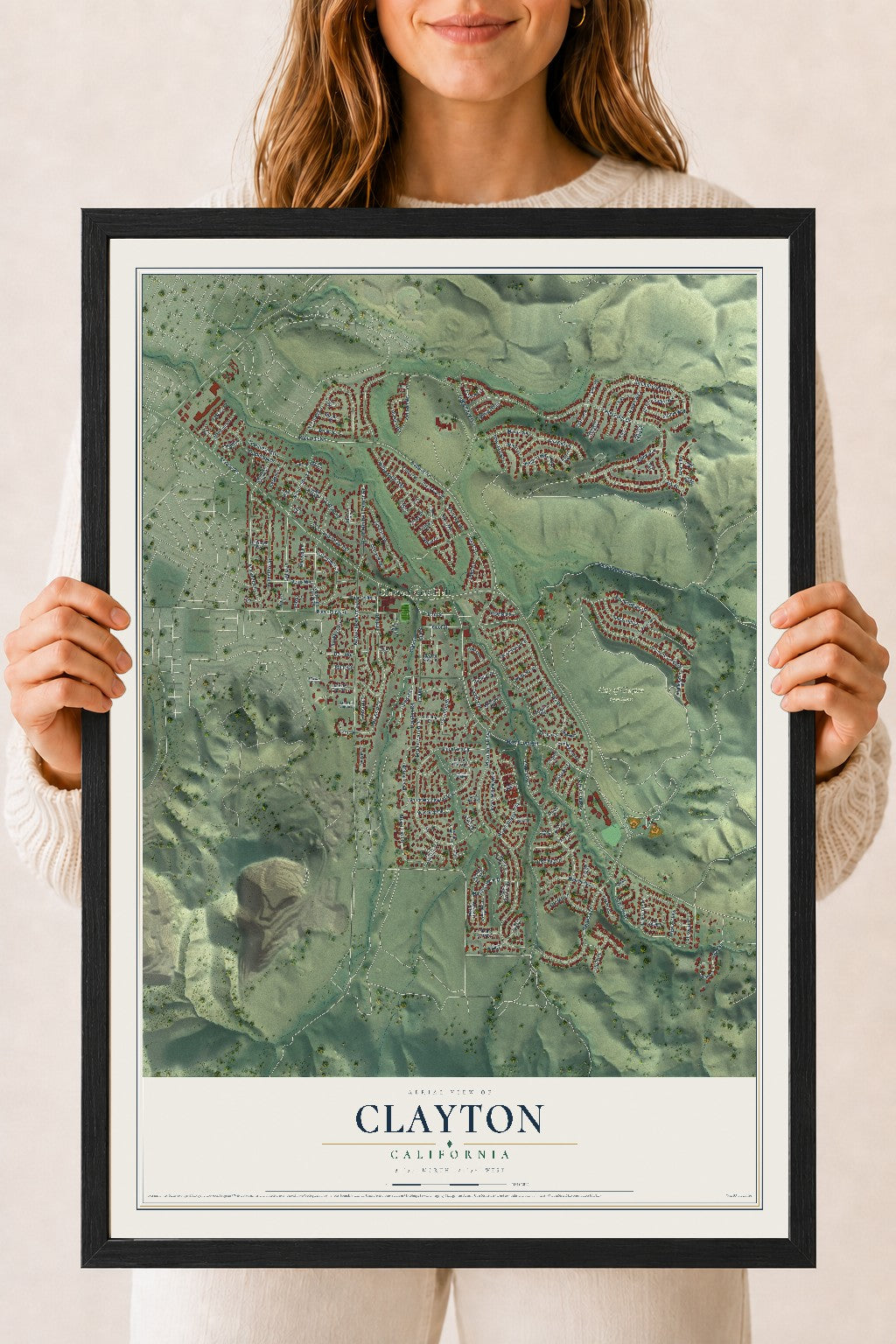 Map of Clayton, California, 18 x 24 inch print in a black wood frame