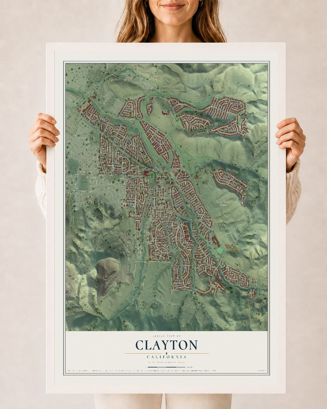 Map of Clayton, California, 24 x 36 inch print in a white wood frame