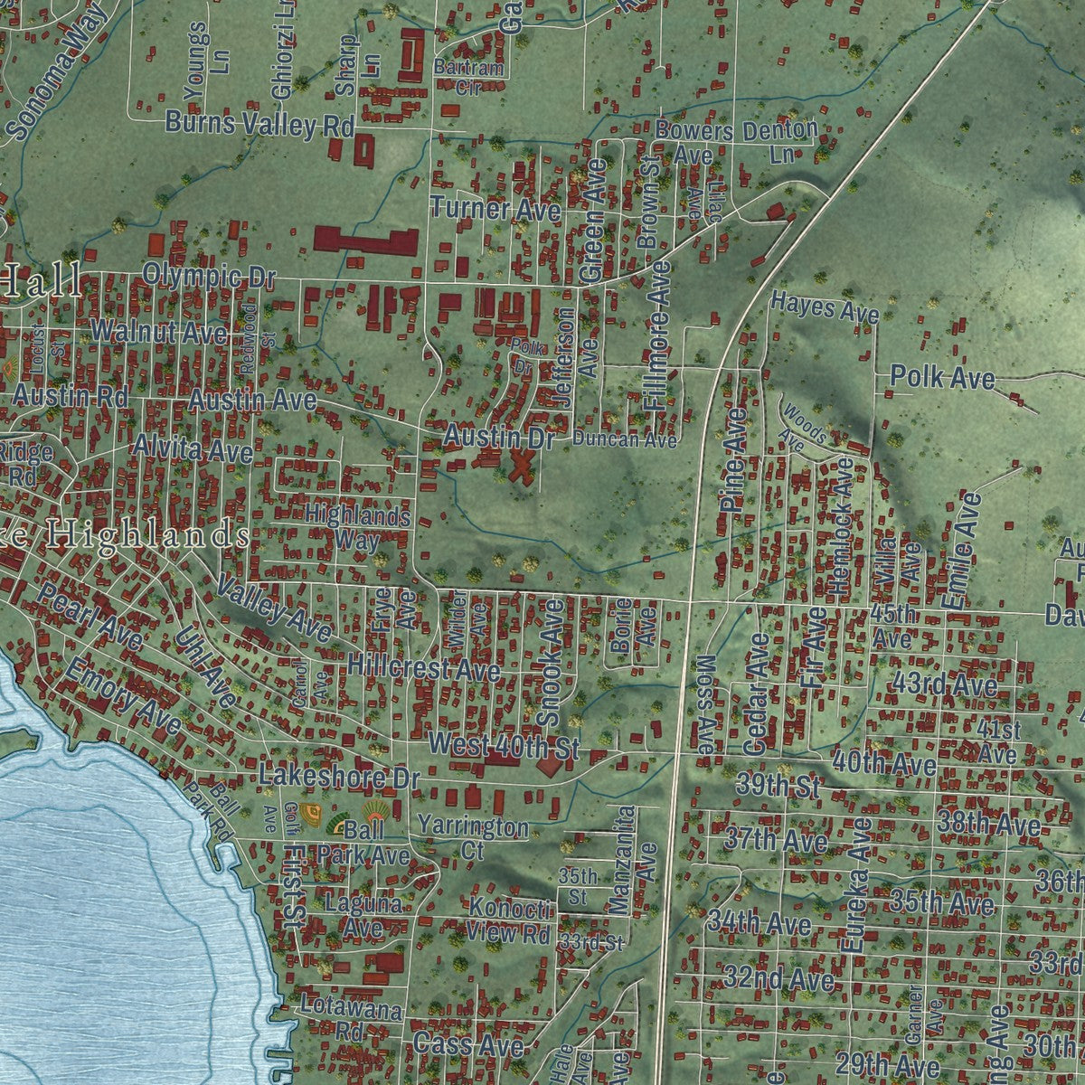 Close-up of the map of Clearlake, California print showing street and building detail
