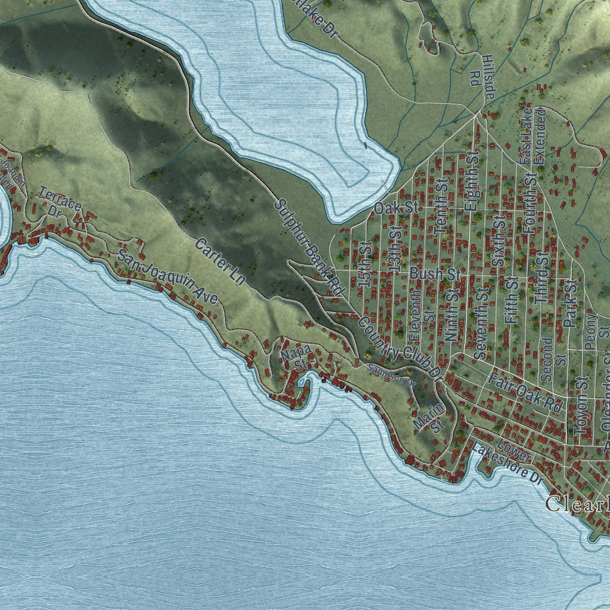 Second close-up of the map of Clearlake, California print showing more streets and buildings