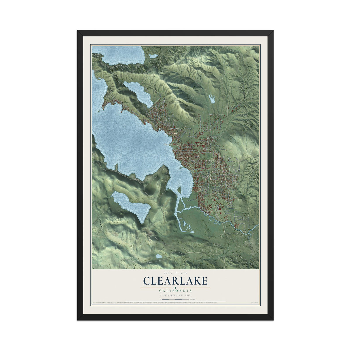 Map of Clearlake, California, 12 x 18 inch print in a black wood frame