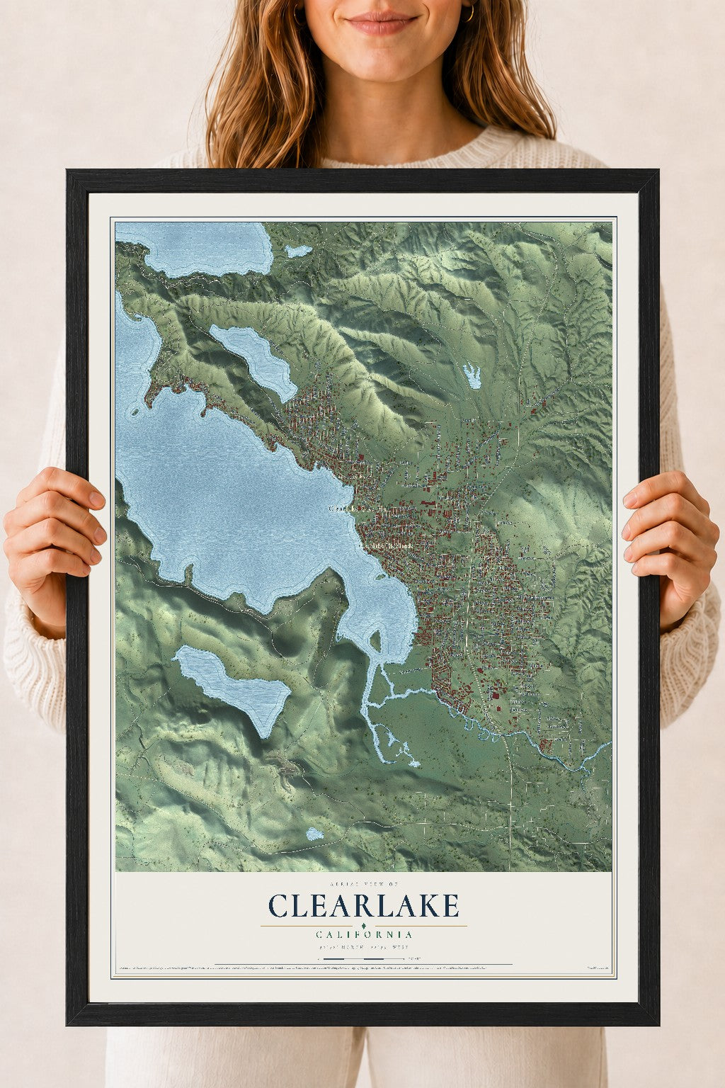 Map of Clearlake, California, 18 x 24 inch print in a black wood frame