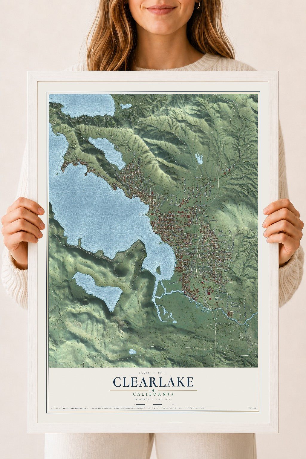 Map of Clearlake, California, 18 x 24 inch print in a white wood frame