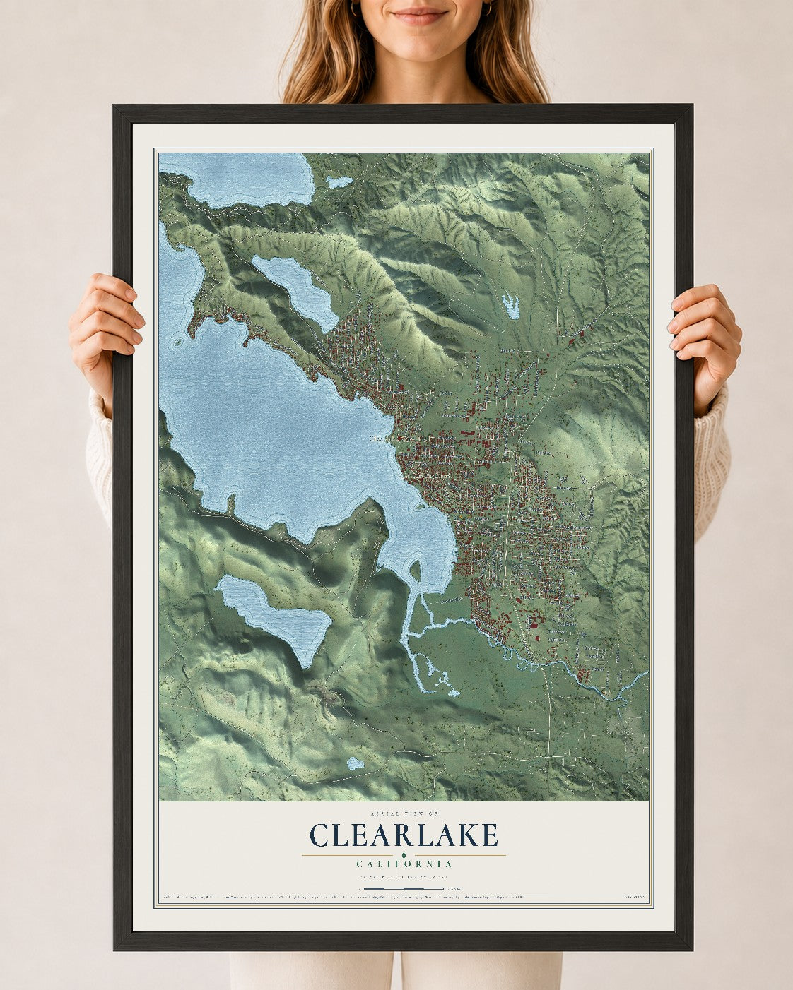 Map of Clearlake, California, 24 x 36 inch print in a black wood frame