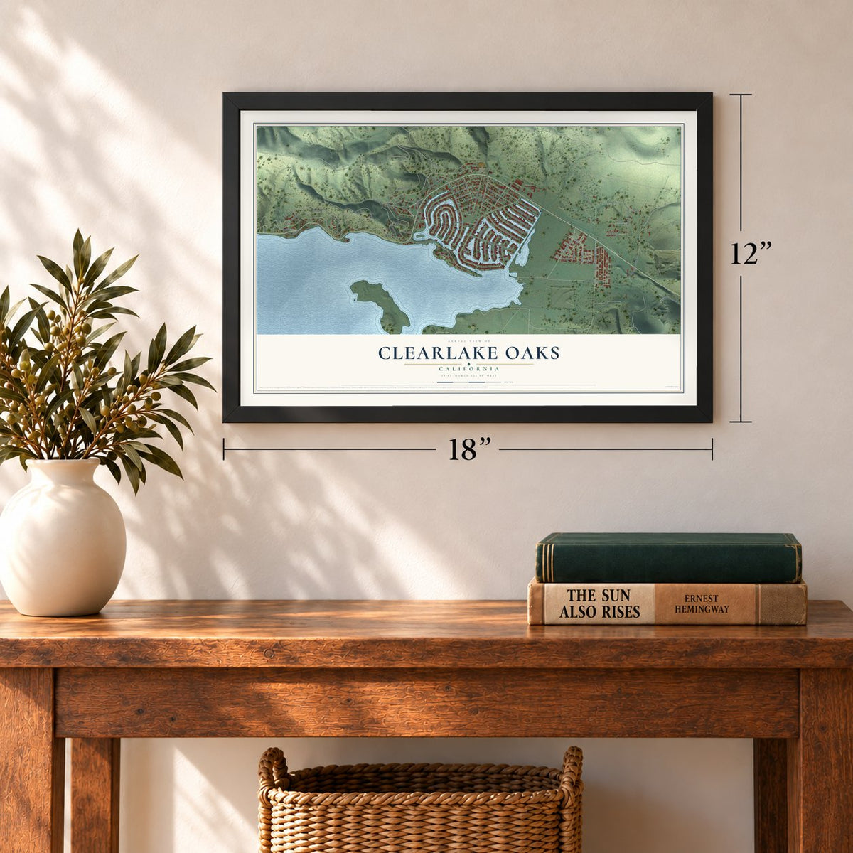 Clearlake Oaks, California map, 12 x 18 inch print in a black frame in an entryway