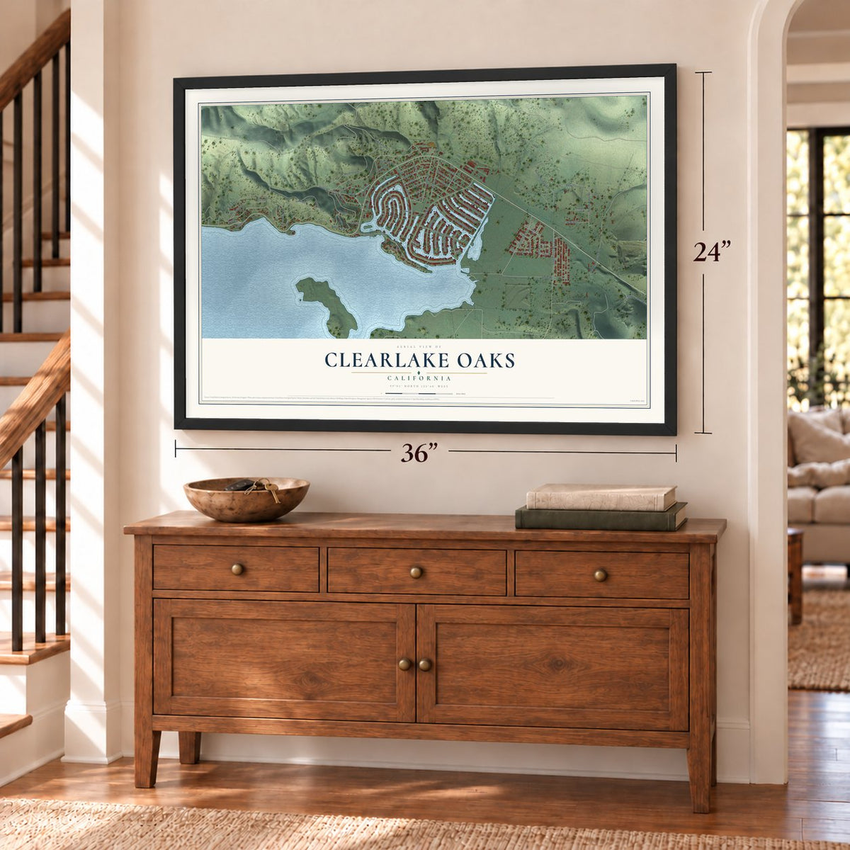 Clearlake Oaks, California map, 24 x 36 inch print in a black frame above a dresser by a staircase