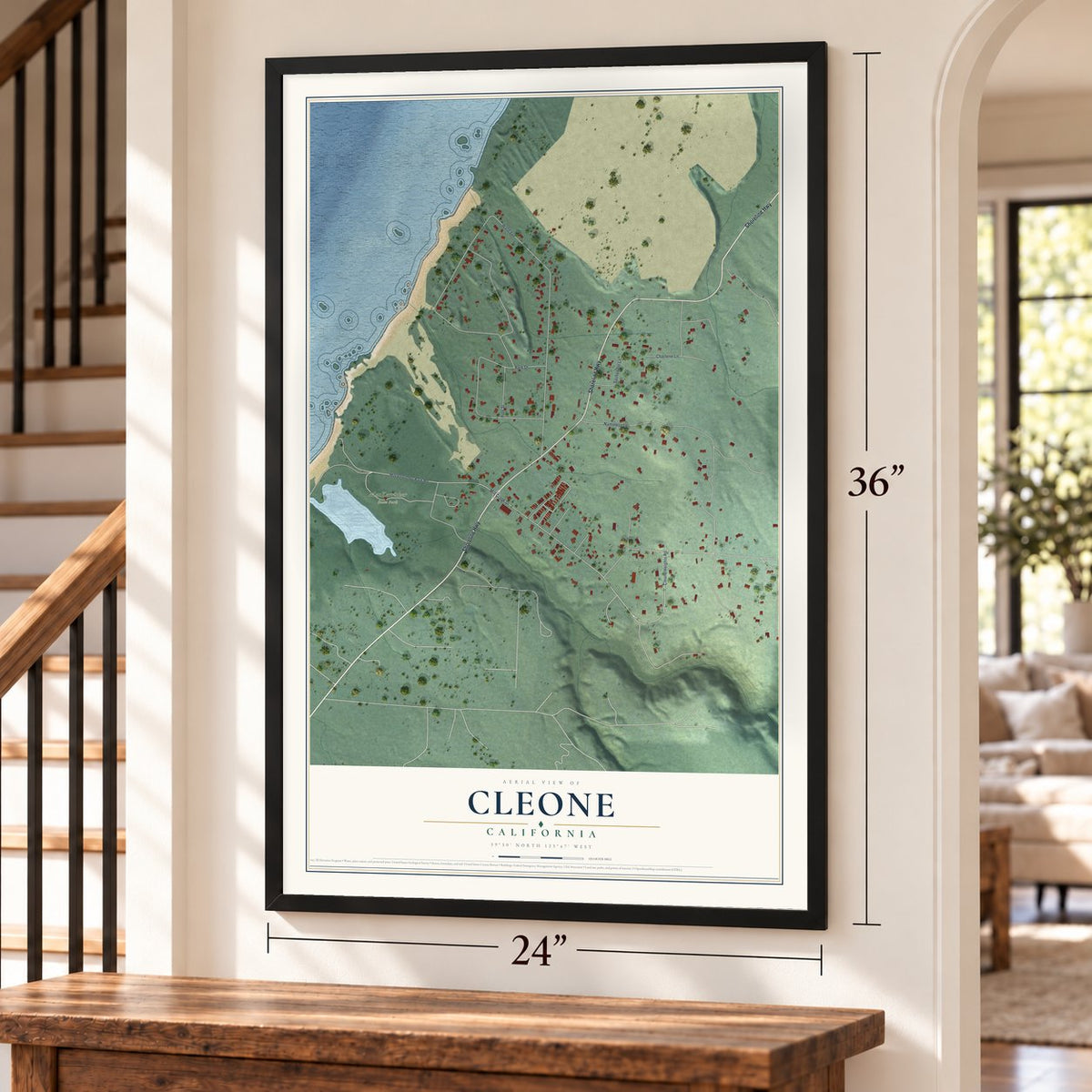 Cleone, California map, 24 x 36 inch print in a black frame by a staircase