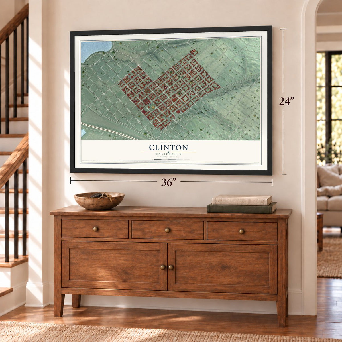 Clinton, California map, 24 x 36 inch print in a black frame above a dresser by a staircase