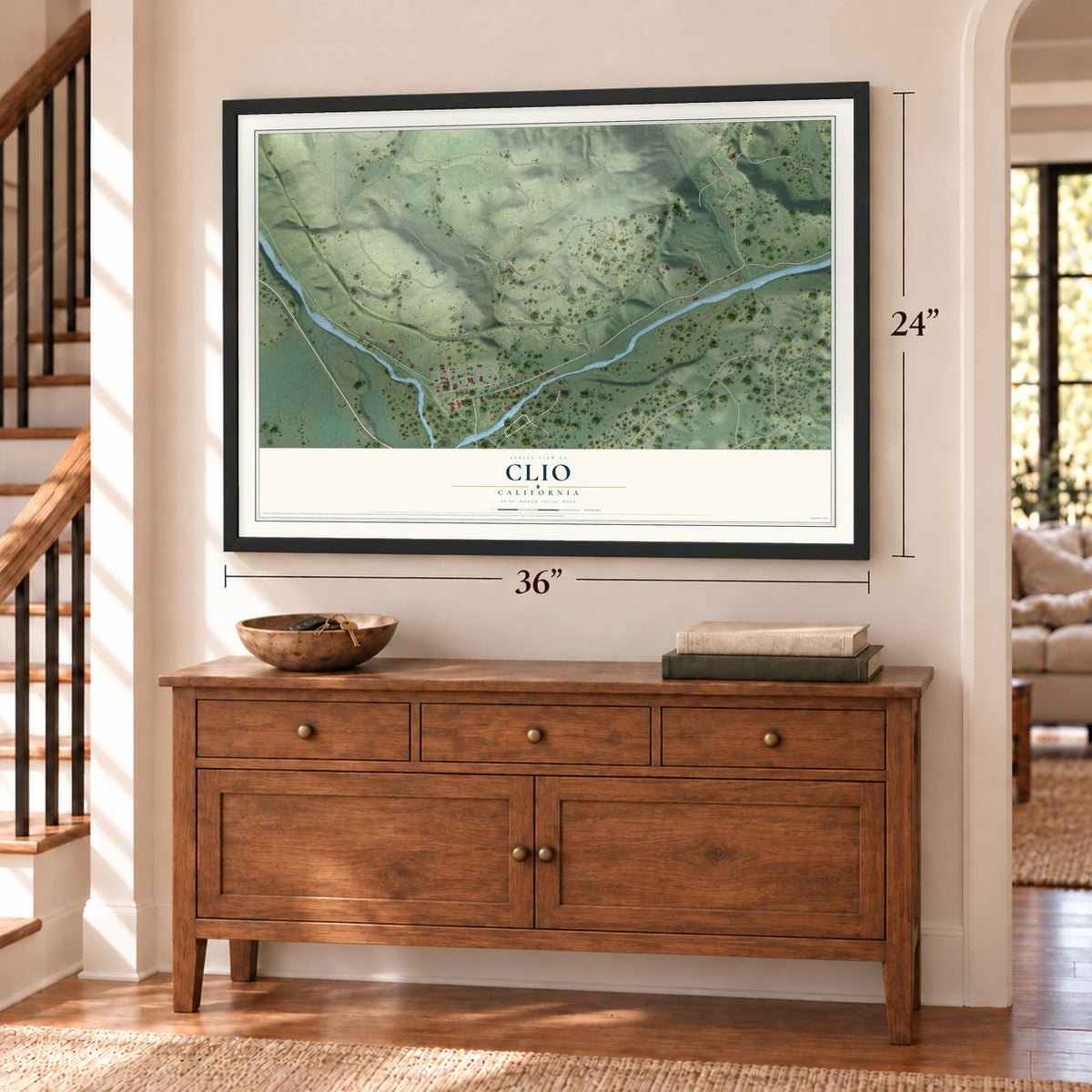 Clio, California map, 24 x 36 inch print in a black frame above a dresser by a staircase