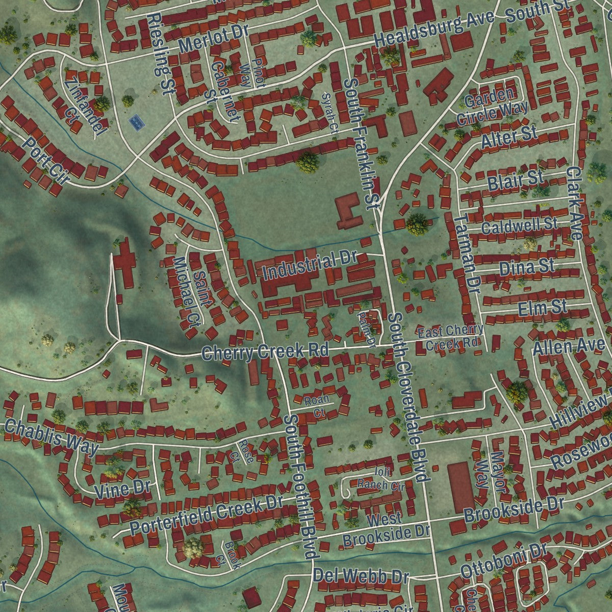 Close-up of the map of Cloverdale, California print showing street and building detail
