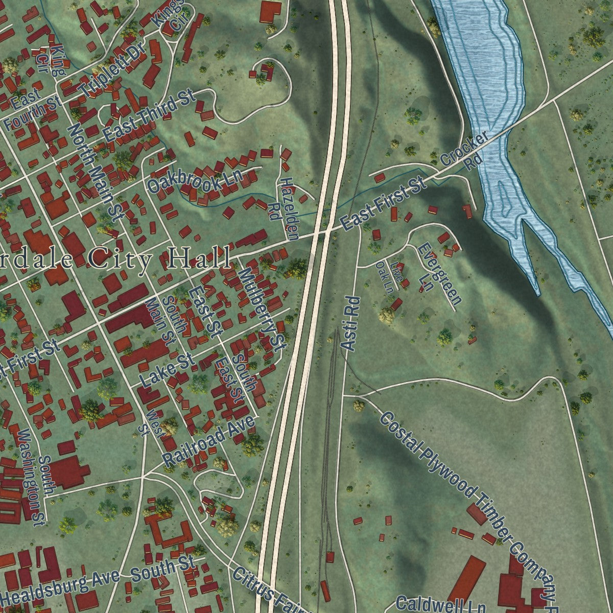 Second close-up of the map of Cloverdale, California print showing more streets and buildings