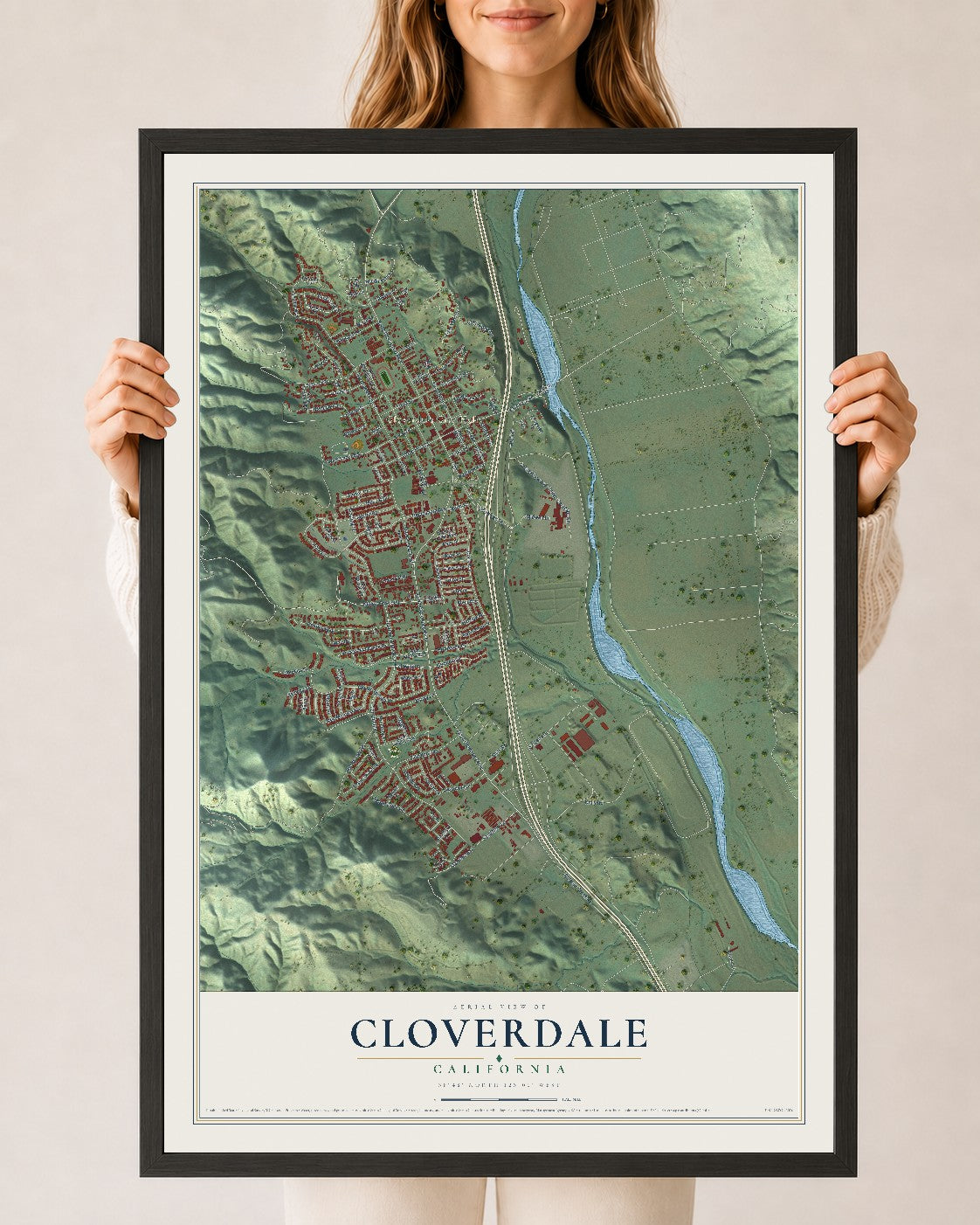 Map of Cloverdale, California, 24 x 36 inch print in a black wood frame