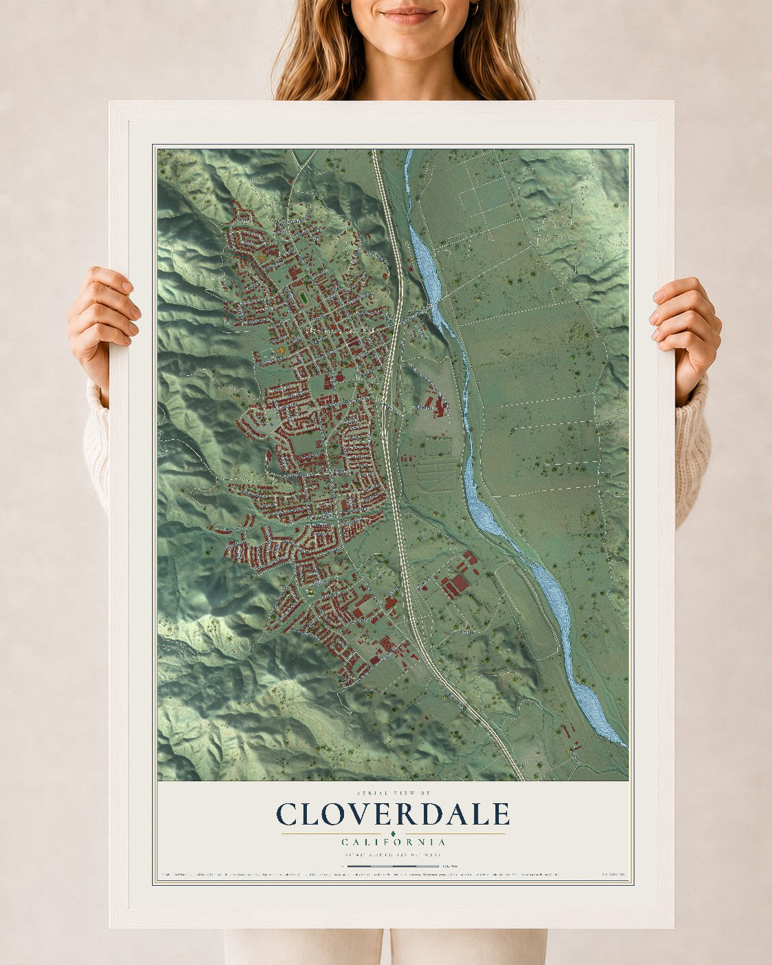 Map of Cloverdale, California, 24 x 36 inch print in a white wood frame