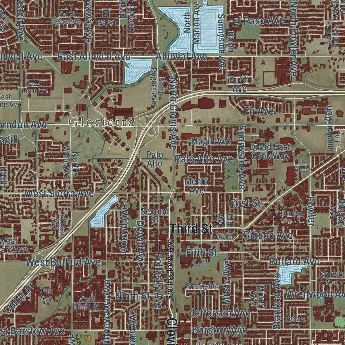 Close-up of the map of Clovis, California print showing street and building detail