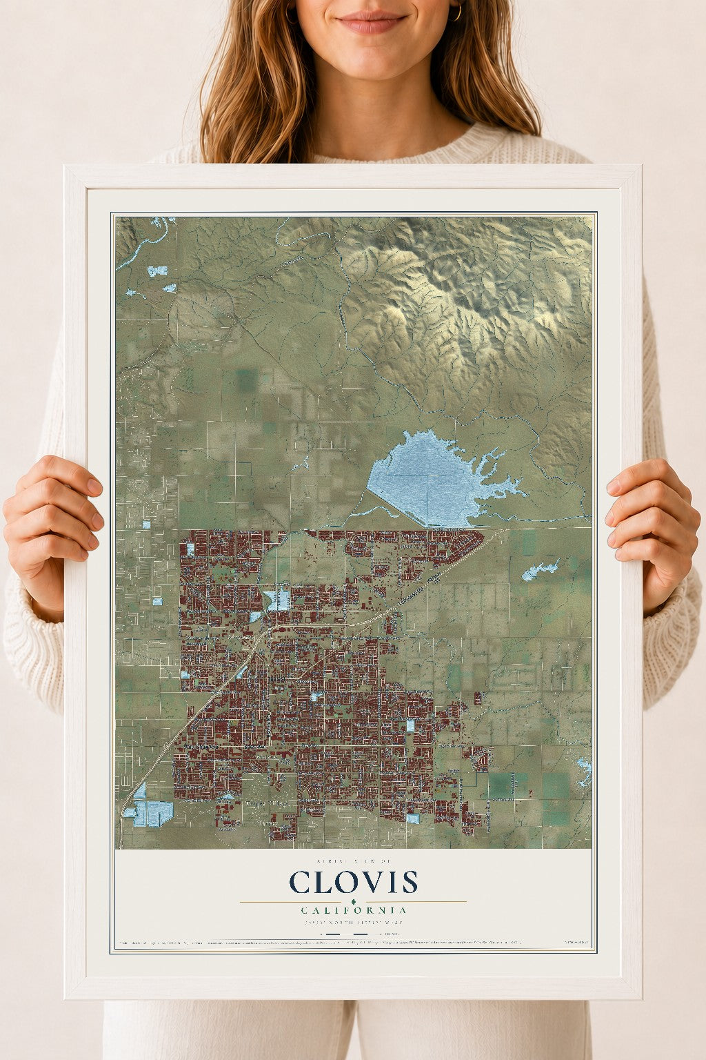 Map of Clovis, California, 18 x 24 inch print in a white wood frame