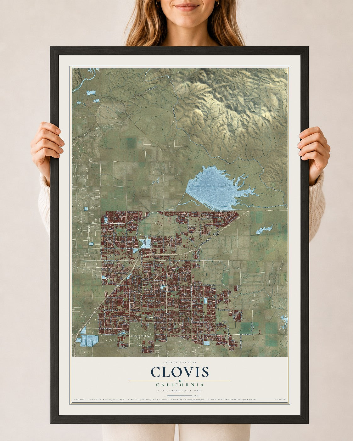 Map of Clovis, California, 24 x 36 inch print in a black wood frame