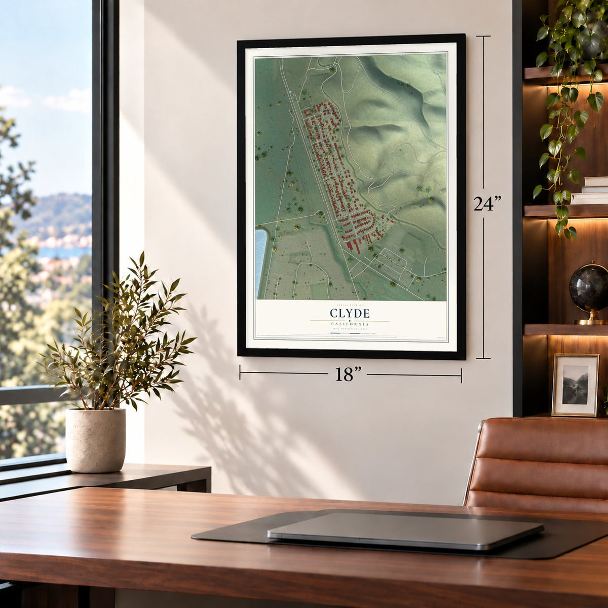Clyde, California map, 18 x 24 inch print in a black frame in a home office
