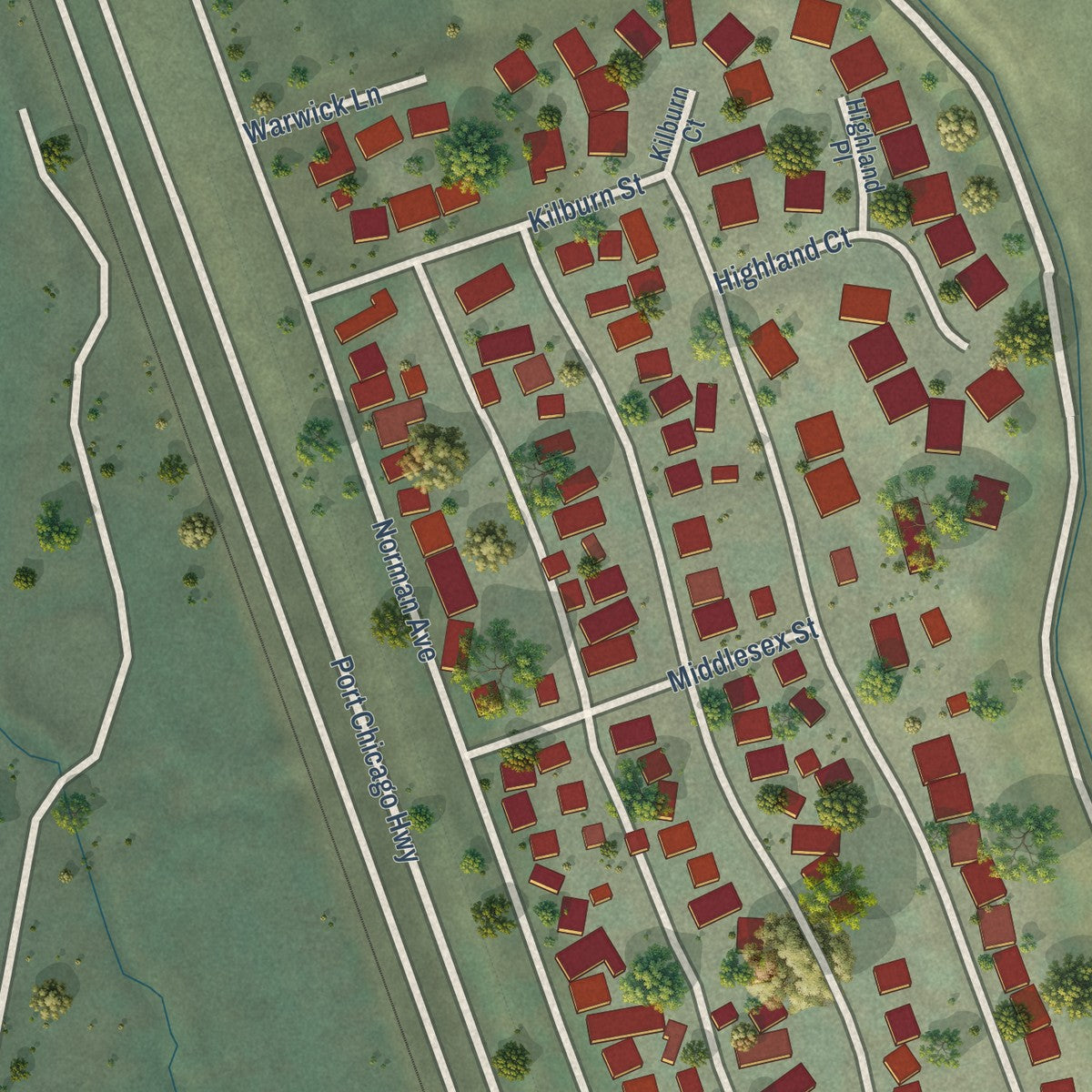 Close-up of the map of Clyde, California print showing street and building detail