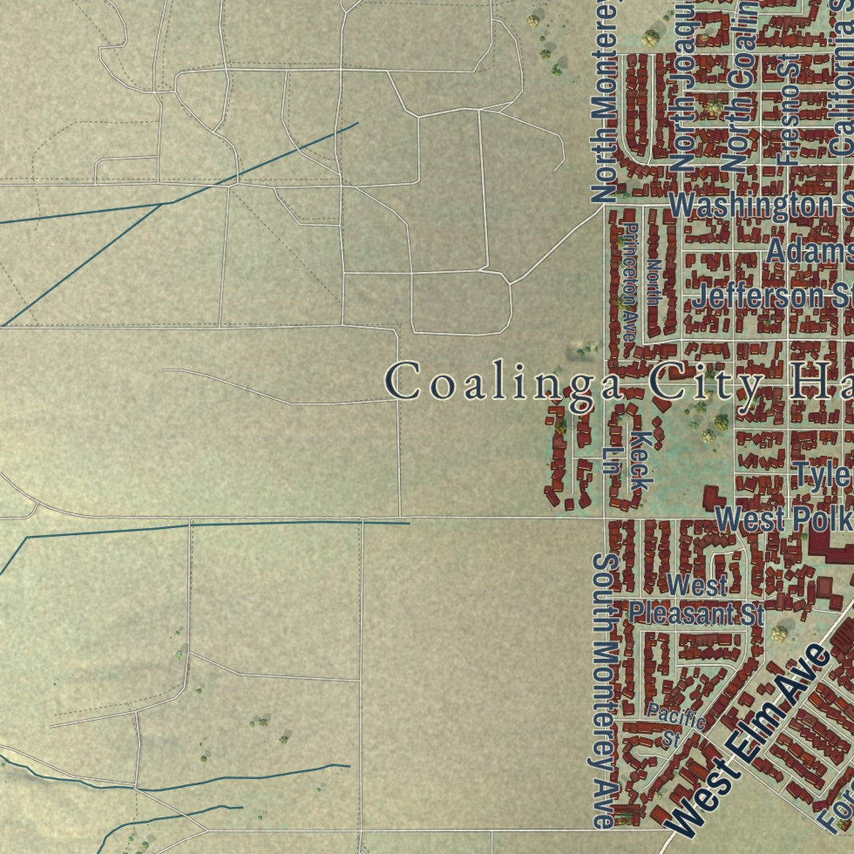 Close-up of the map of Coalinga, California print showing street and building detail