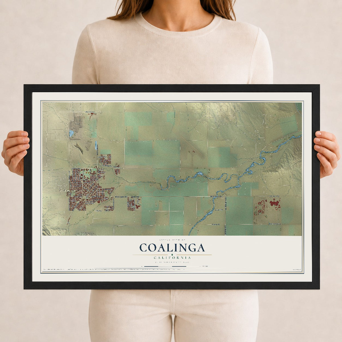 Map of Coalinga, California, 12 x 18 inch print in a black wood frame