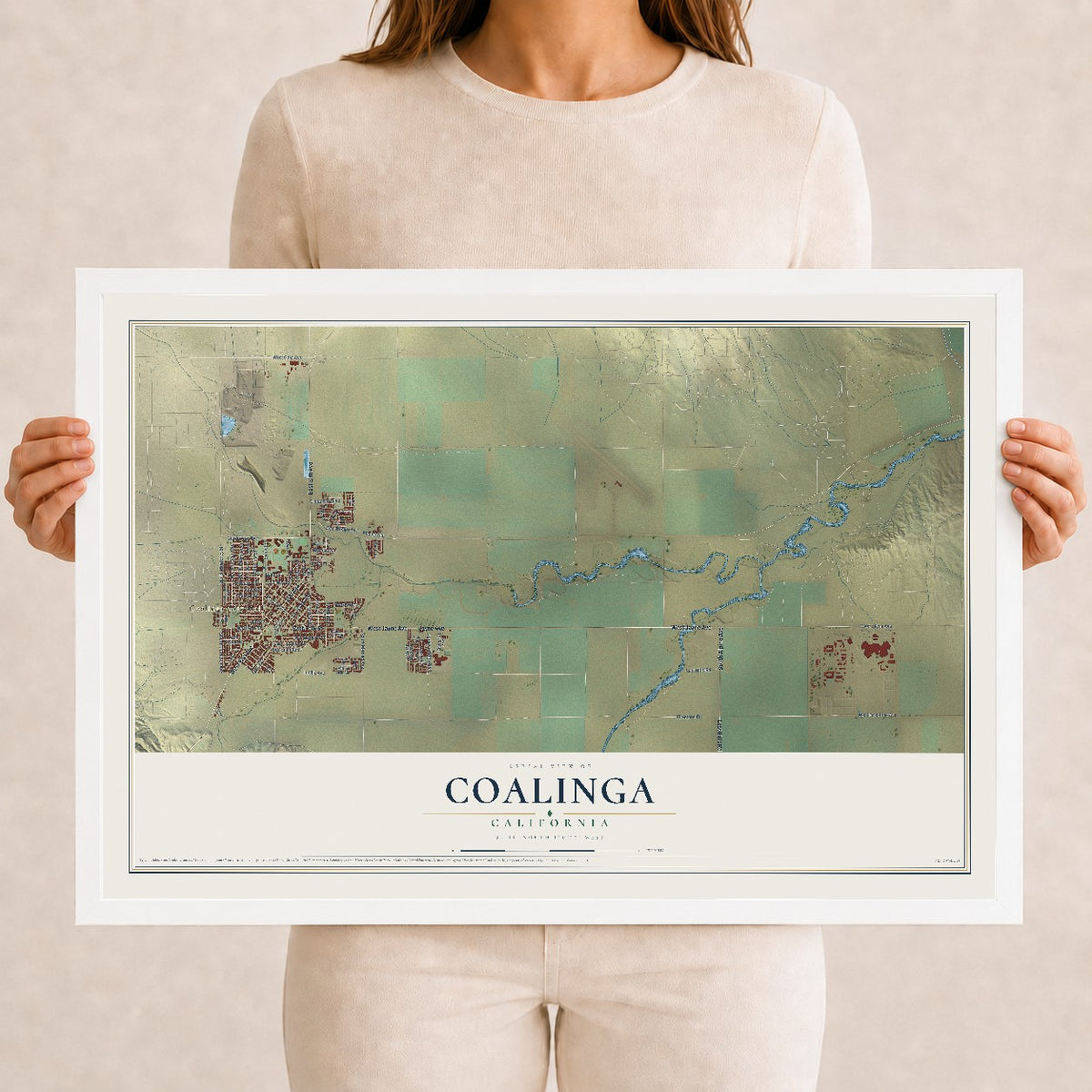 Map of Coalinga, California, 12 x 18 inch print in a white wood frame
