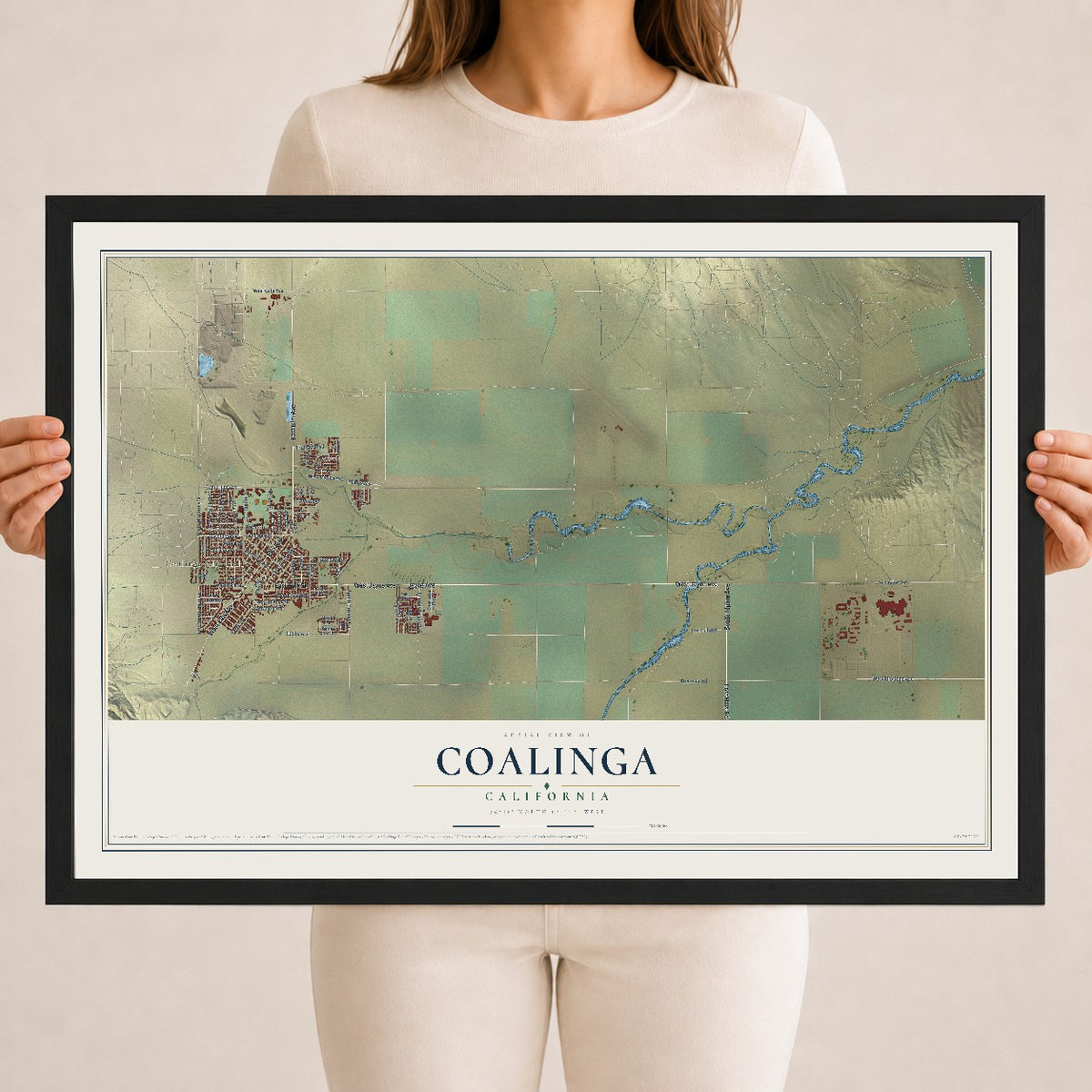 Map of Coalinga, California, 18 x 24 inch print in a black wood frame