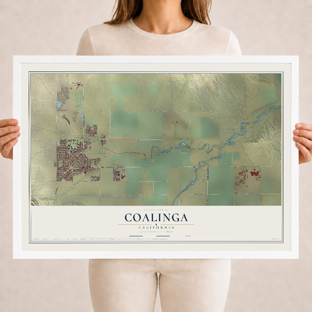 Map of Coalinga, California, 18 x 24 inch print in a white wood frame